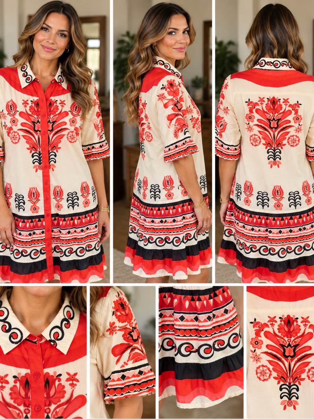 Red & Cream Embroidered Button-Front Dress
